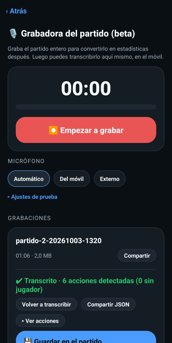 Pantalla de Grabaciones con el audio del partido ya transcrito