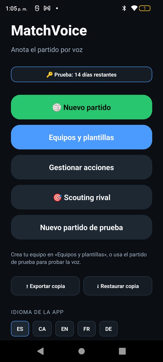 Pantalla de inicio de MatchVoice con los botones principales