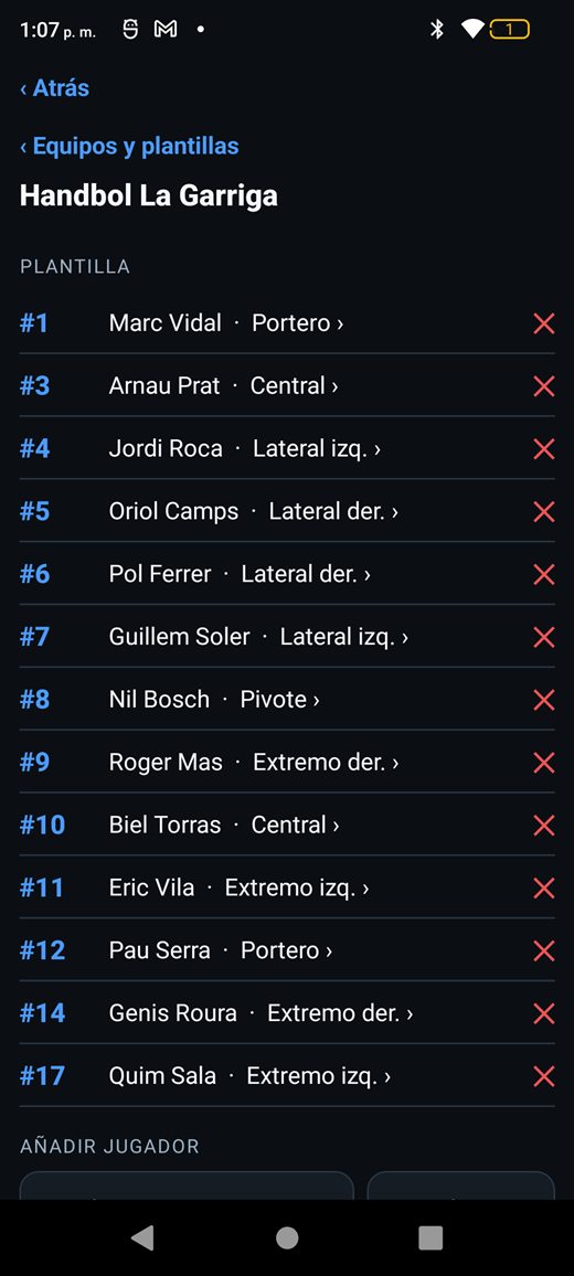 Pantalla de plantilla con jugadores, dorsales y posiciones