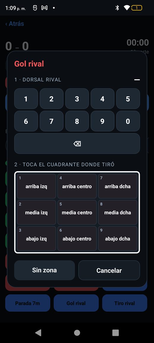 Modal para anotar el tiro del rival: teclado del dorsal y portería por cuadrantes