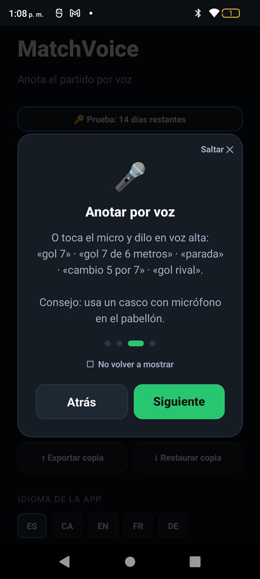 Pantalla del tutorial de anotar por voz con ejemplos de comandos